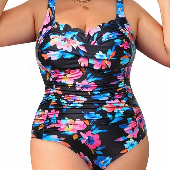 Womens Plus Size One Piece Swimsuit - Tummy Control, Full Coverage, Black Colorf - Picture 1 of 5
